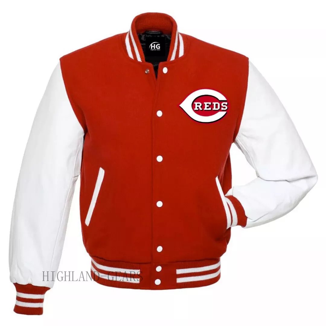 Men MLB Cincinnati Reds Letterman Varsity Jacket Leather Sleeves Size Available