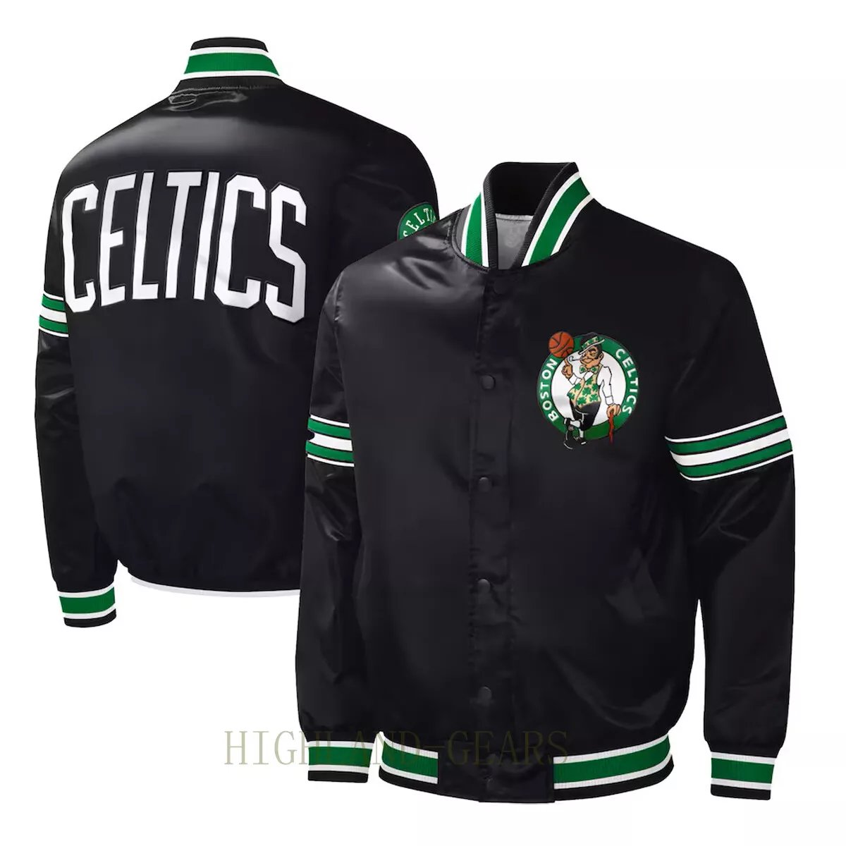 Boston Celtics Black Satin Letterman Varsity Jacket Embroidery Logos All Sizes
