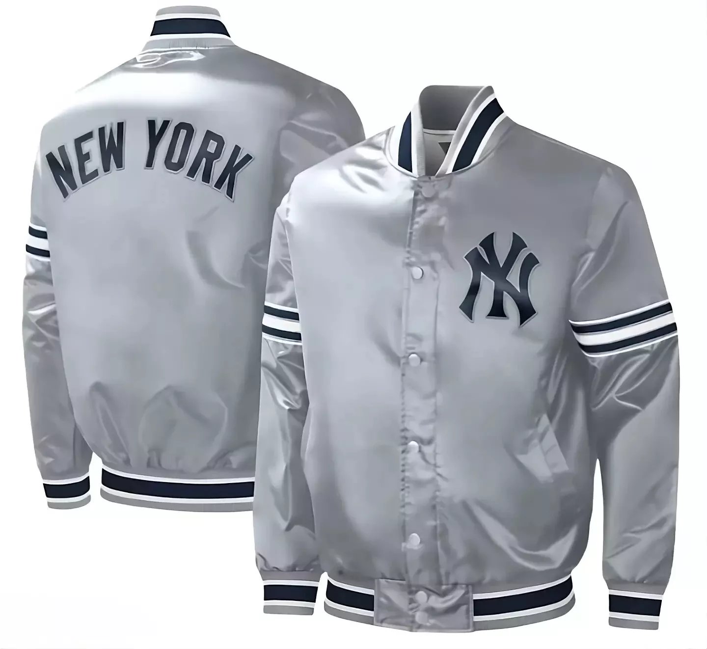 Men NY Yankees Vintage Jacket Gray Satin Bomber Varsity Jacket Embroidery Logos