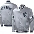 Men NY Yankees Vintage Jacket Gray Satin Bomber Varsity Jacket Embroidery Logos