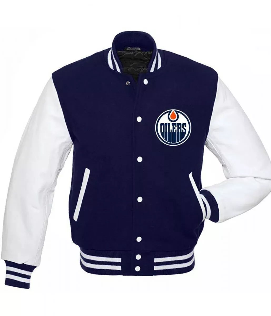 Edmonton Oilers Blue Wool White Sleeves Letterman Varsity Jacket Size Available