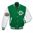 Letterman Dallas Stars Green and White Varsity Jacket With Real Leather Sleeves