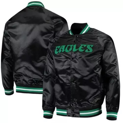 Philadelphia Eagle Black Satin Varsity Bomber Jacket Embroidery Logos All Sizes