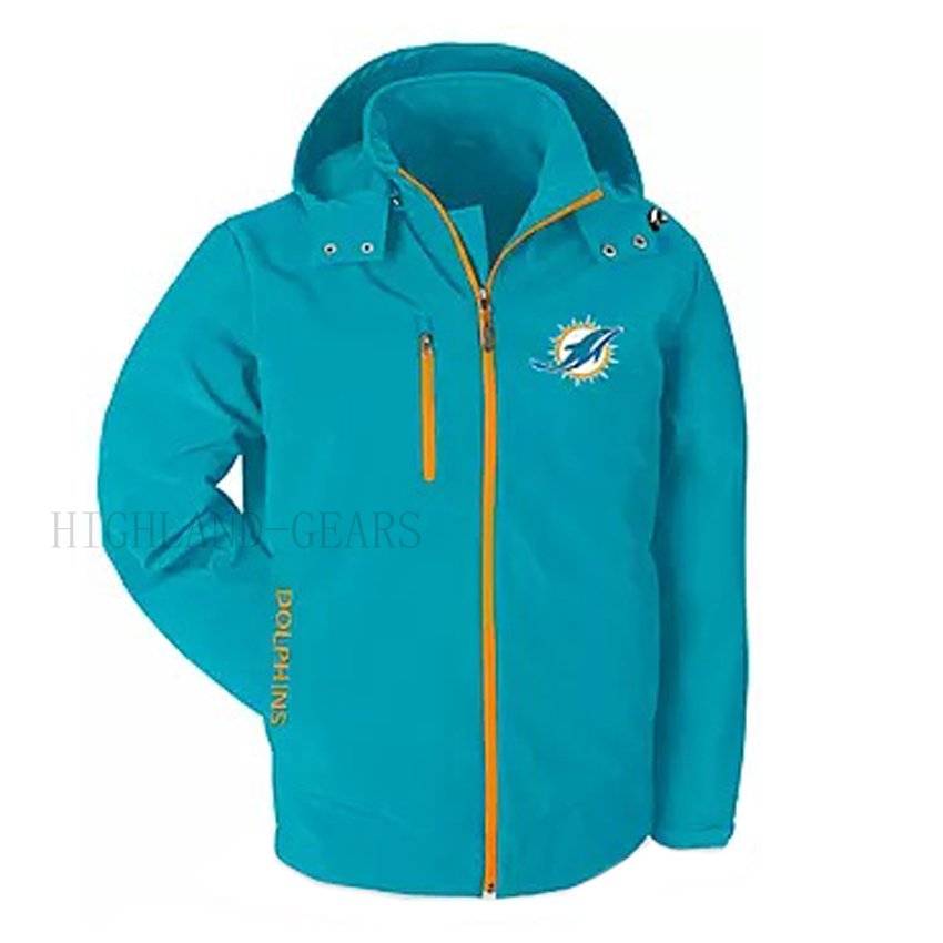Miami Dolphins Warm Soft Shell Jacket Embroidered Logo Breathable Windproof Hooded Jacket