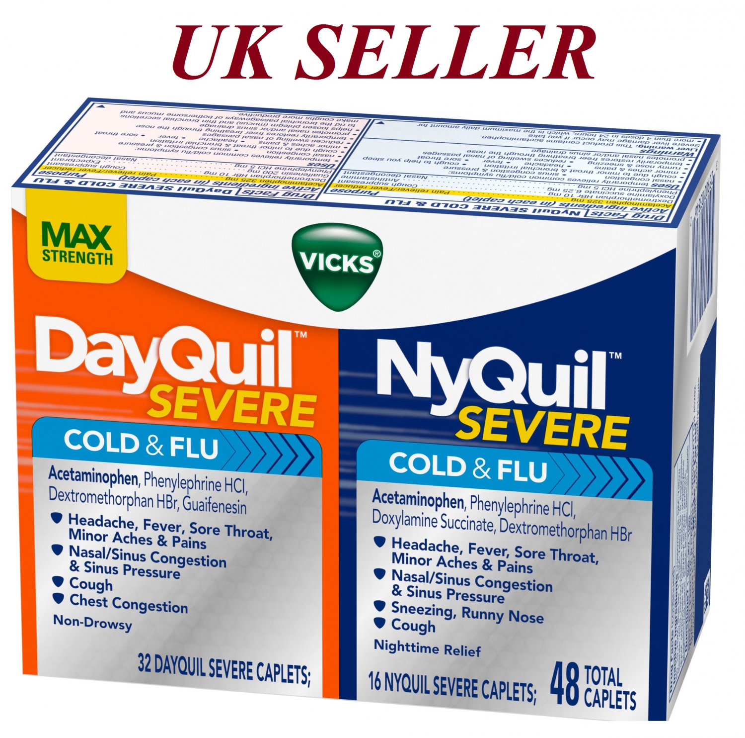 Vicks NyQuil and DayQuil SEVERE Cough Cold and Flu Relief, 48 Caplets *UK S...