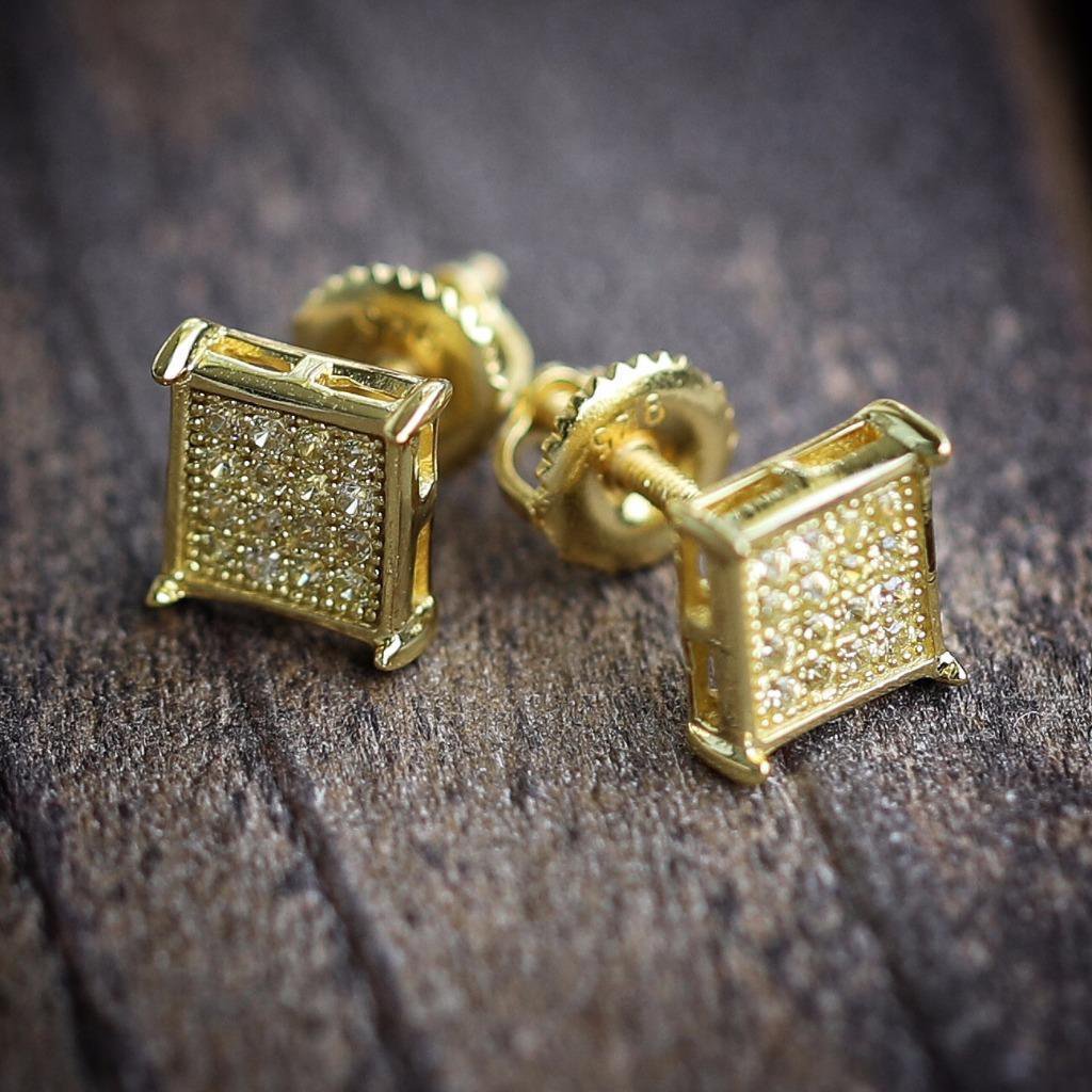 Mens Small Gold Earrings Square Shaped Iced Out Canary High Quality