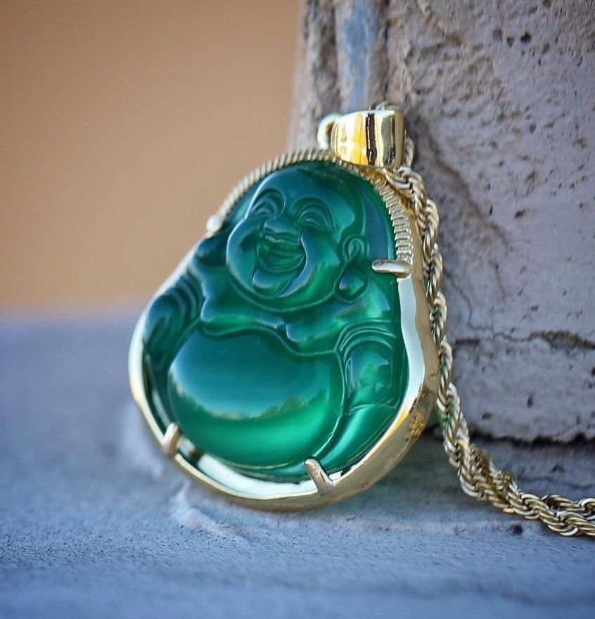 Mens Solid 14k Gold Green Jade Buddha Pendant Chain Necklace