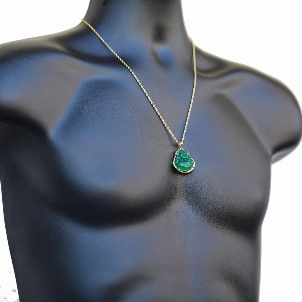 Mens Solid 14k Gold Green Jade Buddha Pendant Chain Necklace