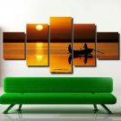 Sunset Multi 5 Panel Canvas Wall Art Wooden Boat Painting Seascape Poster Prints