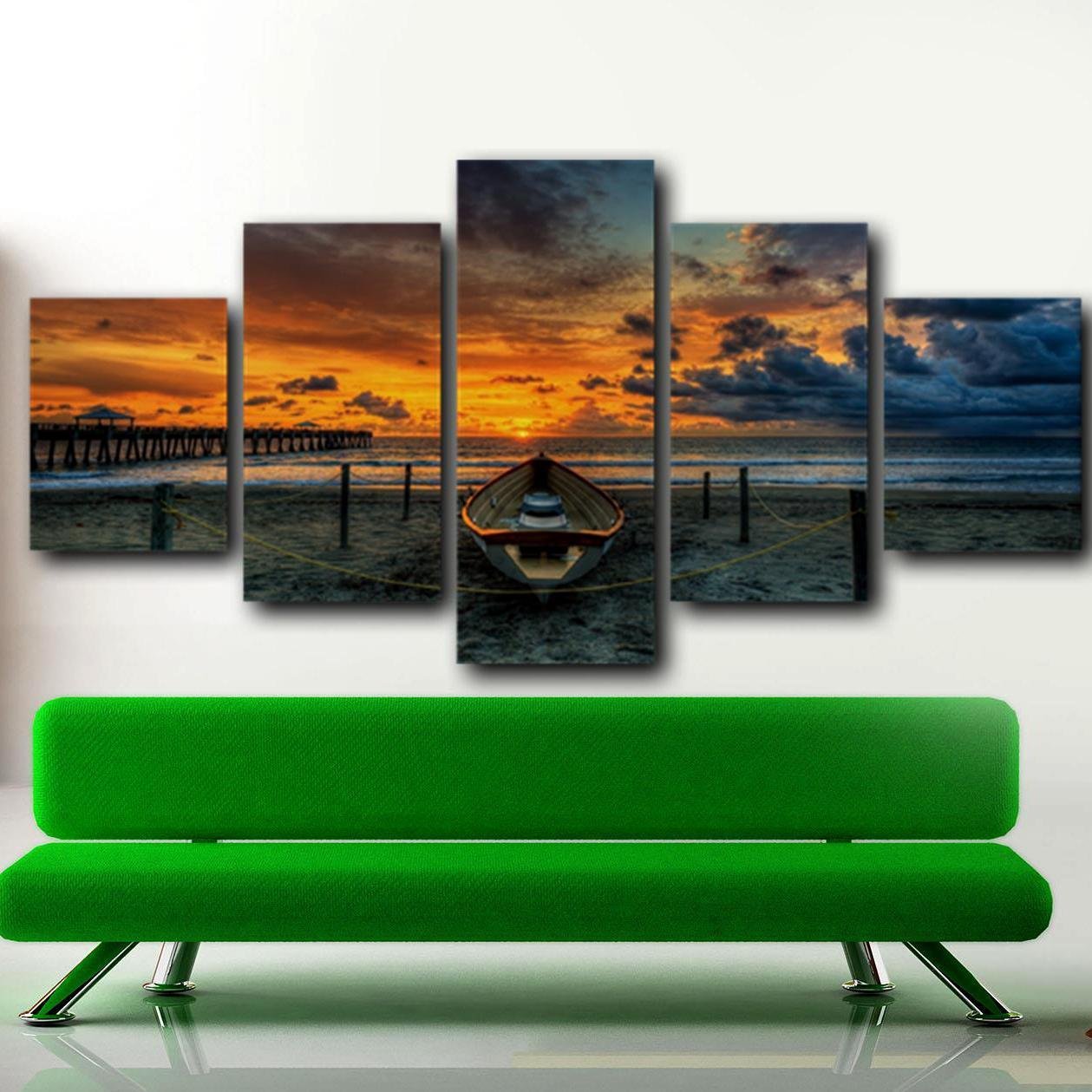 Sunset Beach Scene Multi 5 Panel Canvas Wall Art Set Canoe Fishing Boat Painting