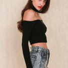 Off the shoulder long sleeve halter crop top