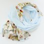 BENANDLU handmade - Tippet or scarf. Blue rim, birds, roses. Silk and cotton