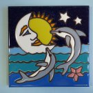 Ceramic Art Tile 6x6 Dolphin ocean sea cresent moon hand painted trivet NEW I65