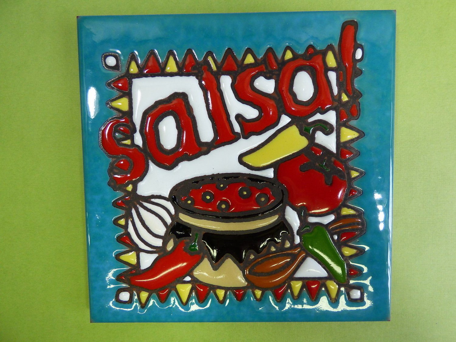 Ceramic Art Tile 6"x6" Salsa chile kitchen home handpainted trivet or wall I80