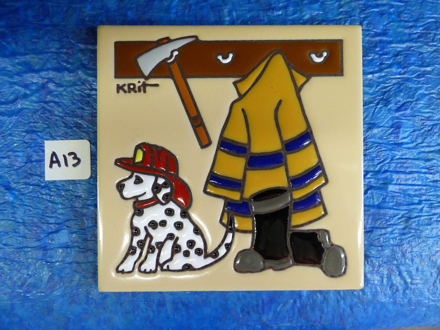 Ceramic Art Tile 6"x6" Fireman with Axe Dalmation Firehouse trivet wall  New A13