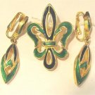 Rare 1960 Signed Polcini Green Enamel and Gilt Brooch & Earring Set