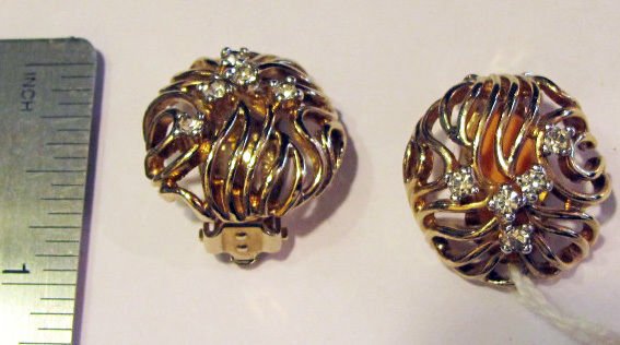 Exceptional Pair Panetta Signed Earrings Gold & Rhinestone