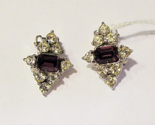 Stunning Pr. Signed Bogoff Amethyst & Rhinestone Star Earrings ca1950's