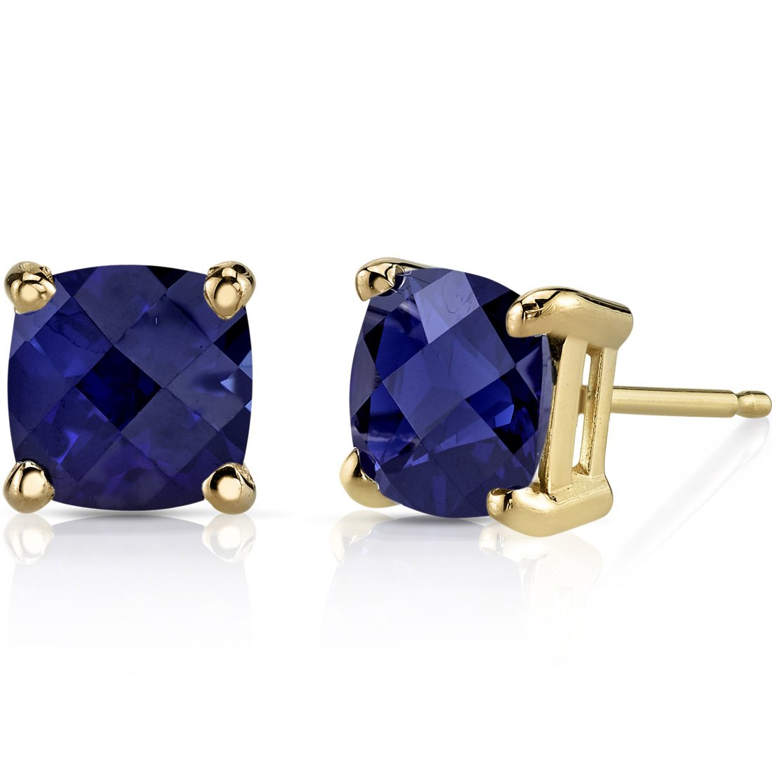 14K 14ct Yellow Gold 2 Ct Lab Blue Sapphire Stud Earrings Cushion Cut 6 x 6 mm