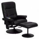 Massaging Black Leather Recliner And Ottoman With Leather Wrapped Base