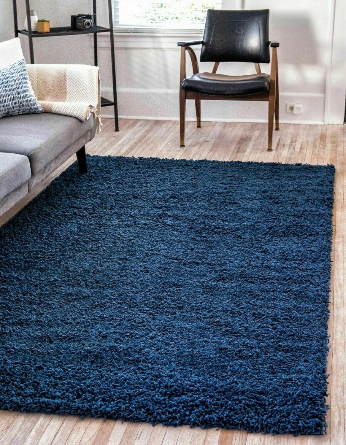 Unique Loom Solo Solid Shag Collection Modern Plush Navy Blue Area Rug 4x6