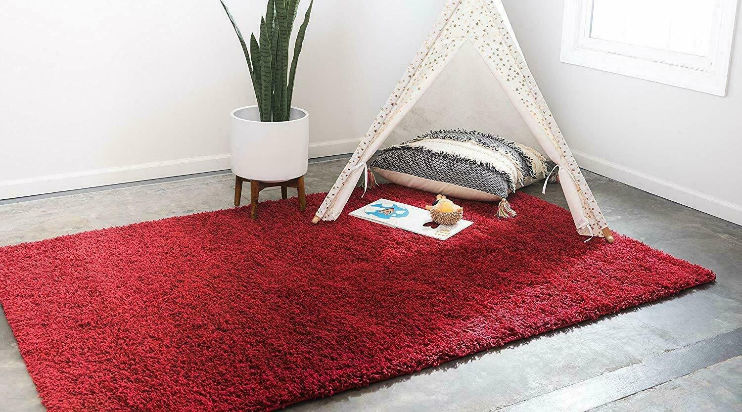 Unique Loom Solo Solid Shag Collection Modern Plush Cherry Red 5' x 8'