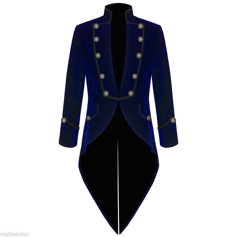 Men's Tail coat Jacket Blue Velvet Goth Steampunk Victorian Solid