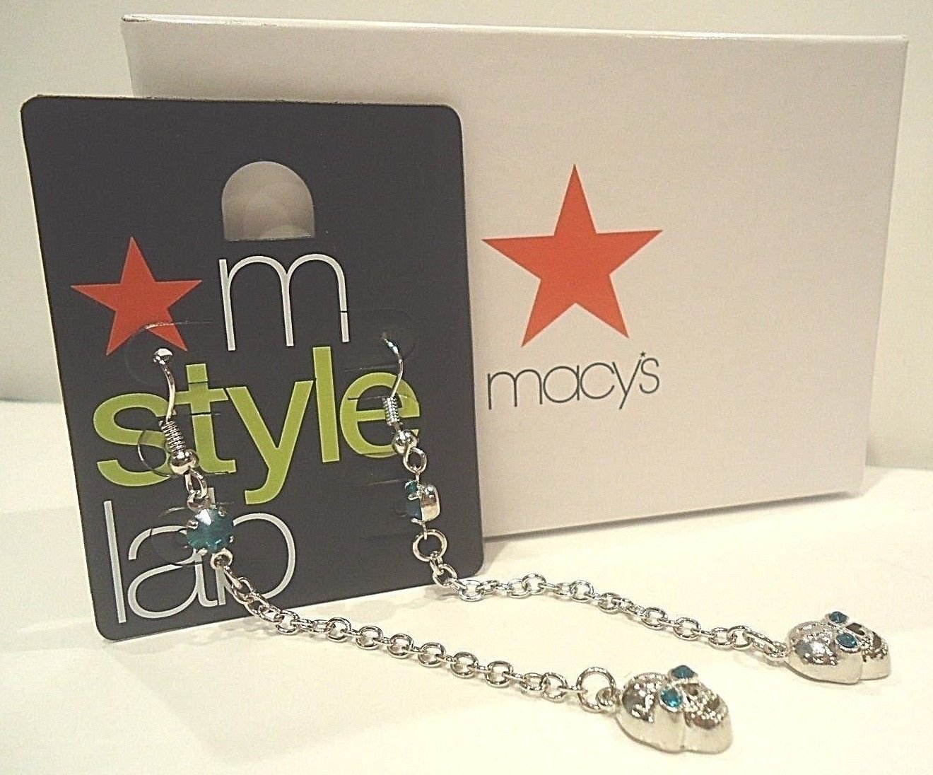 MACY'S M STYLE LAB BLUE SILVER SKULL FASHION EARRINGS NEW