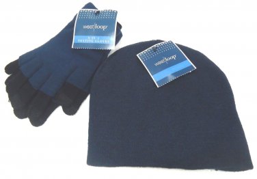 WEST LOOP - WOMEN - NAVY - BLACK - TEXTING - GLOVES - BEANIE - CAP - SET - NEW