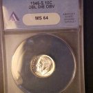 1946-S ROOSEVELT SILVER DIME- DDO ANACS MS64  GREAT VARIETY! -AA116TCXX