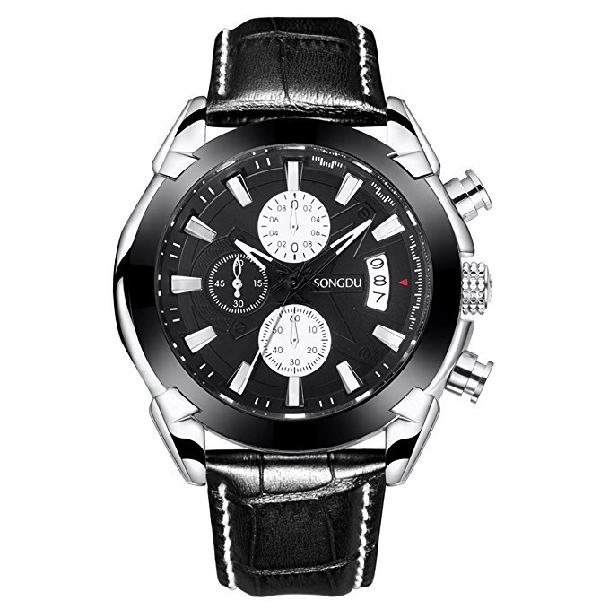 SONGDU Men's Chronograph Quartz Watch with Date Calendar Analogue Display and Leather Strap