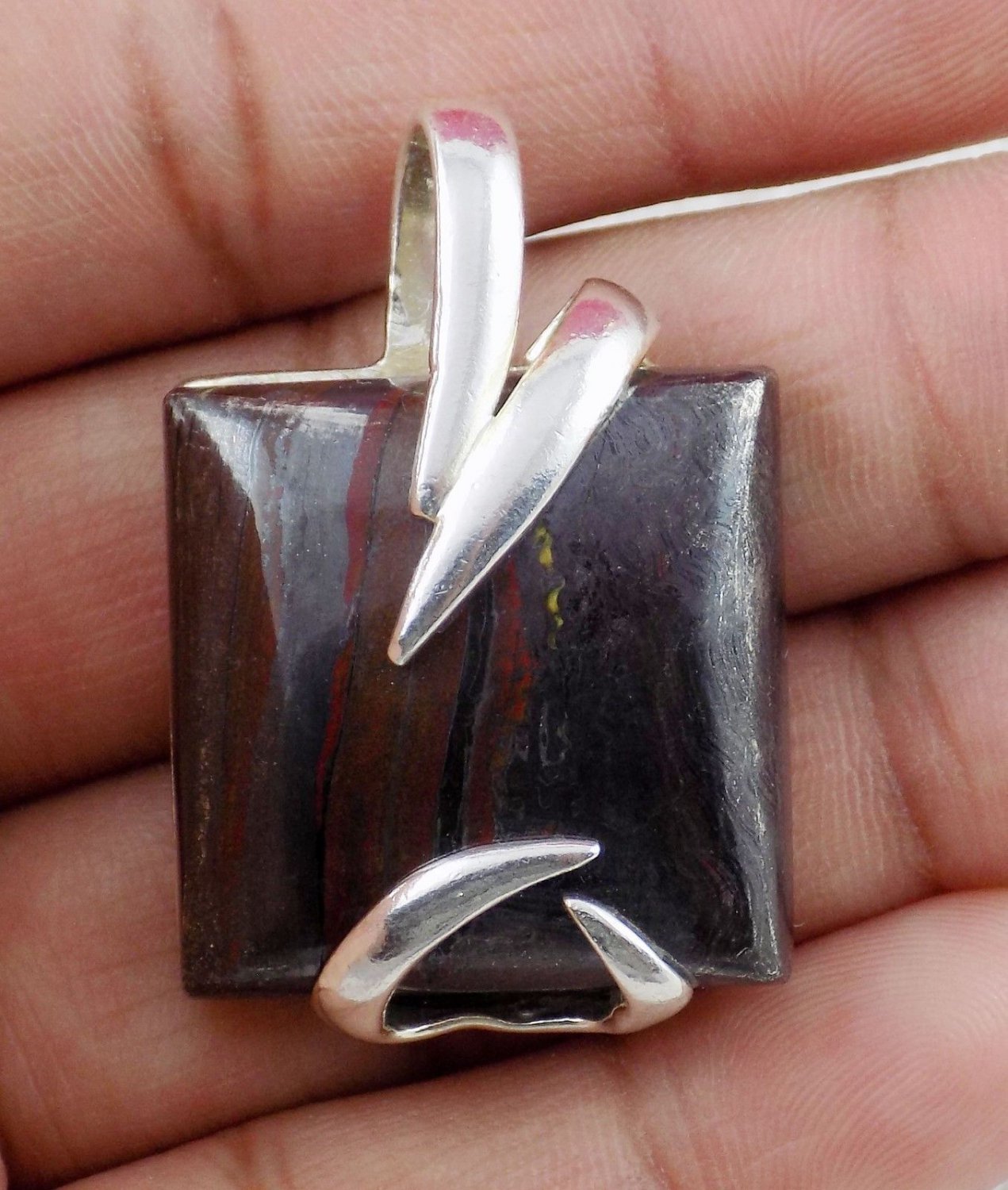 Natural Iron Tiger Eye 24x24mm Cabochon Gemstone 925 Sterling Silver Pendant