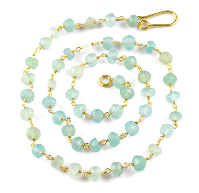 925 Sterling Silver 24k Gold Plated Natural Aqua Chalcedony Rosary chain 17"long