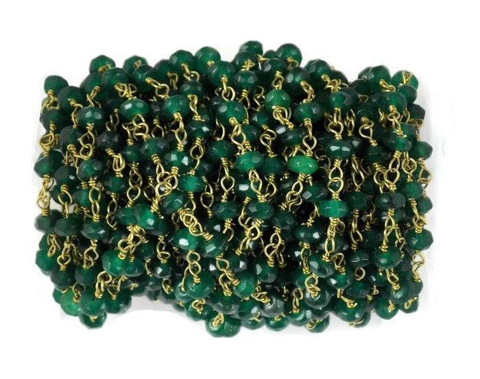 5 Feet Emerald Chalcedony 24k Gold Plated Rosary Beaded Chain - Beads Size 3-4m