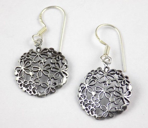 1 Pair 925 Sterling Silver Flower Design Round Earrings Black Oxidize Earrings