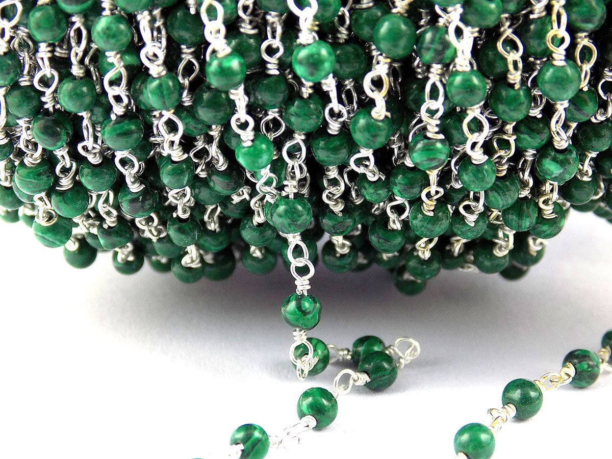 10 Feet Malachite Smooth 3mm Round Balls Wire Wrapped 925 Silver Plated Rosary