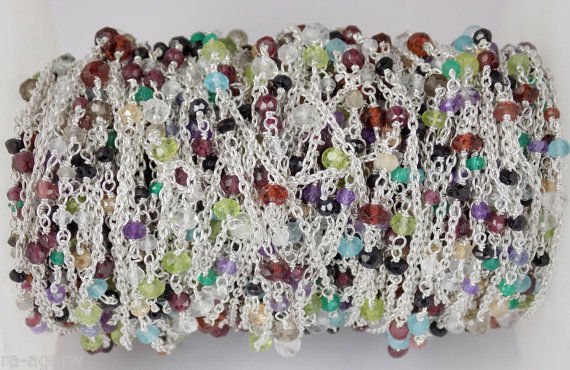 10 Feet Fine Multi Stone Beaded Chain 925 Silver Plated Faceted Beads 3-3.5mm