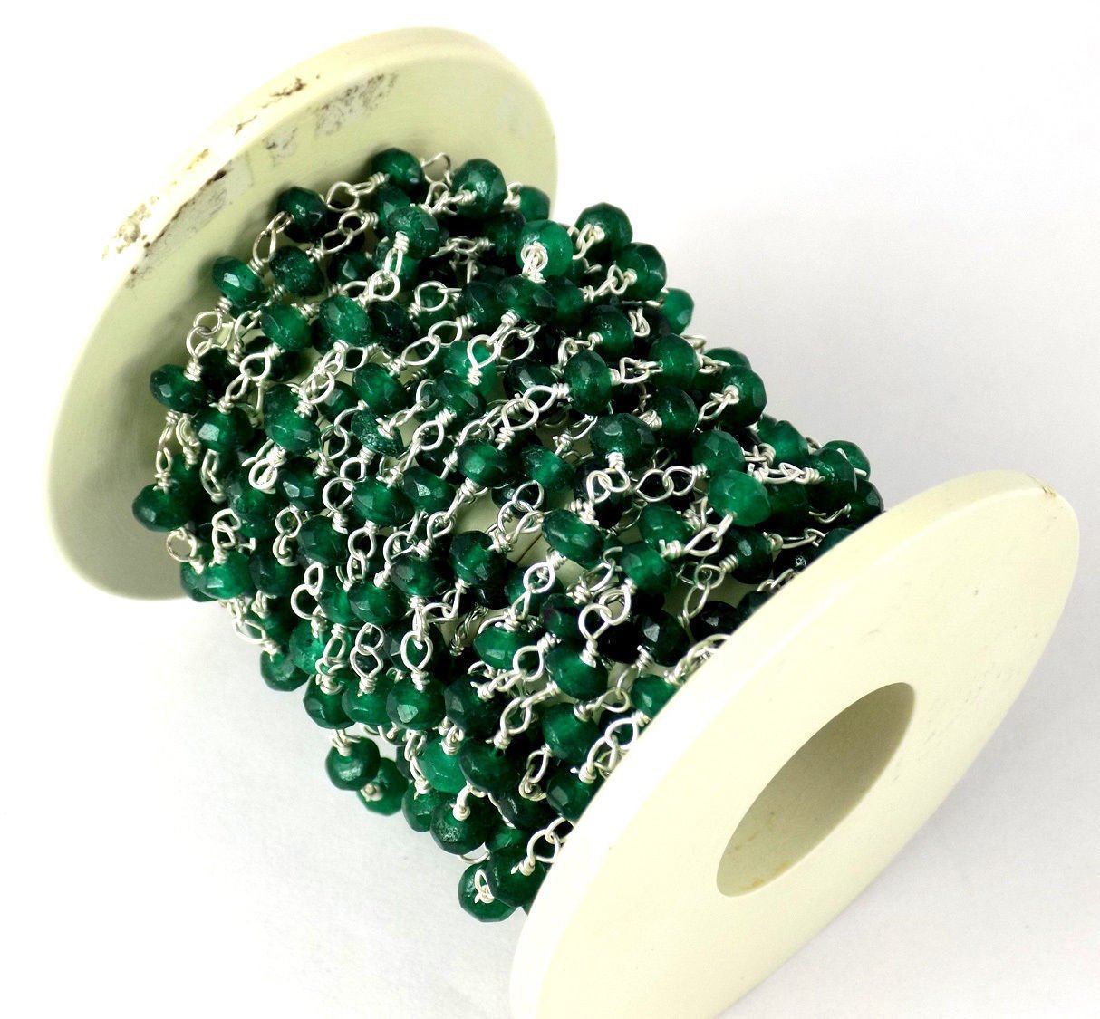 10 Feet Emerald Chalcedony 925 Silver Plated Gemstone Faceted Beaded chain 3-4mm