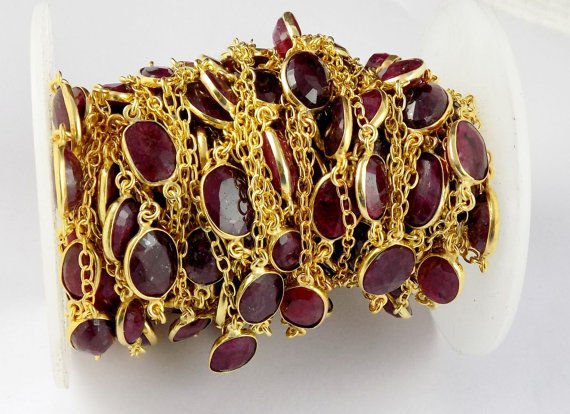 1 Feet Ruby Corundum Faceted 7x9-10x14mm Oval 24k Gold Plated Connector Chain