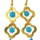 1 Pair Turquoise Clover Charms Chandelier Hanging 24k Gold Plated Women Earring