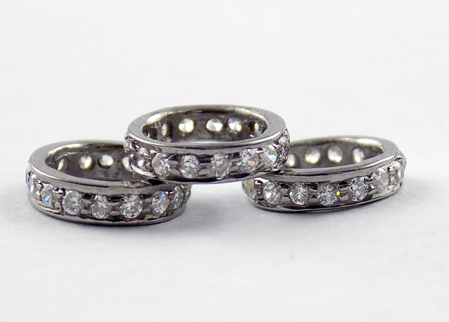 5 Pcs 925 Sterling Silver Black Oxidize Pave Diamond Spacer Rings Beads 7mm Hole