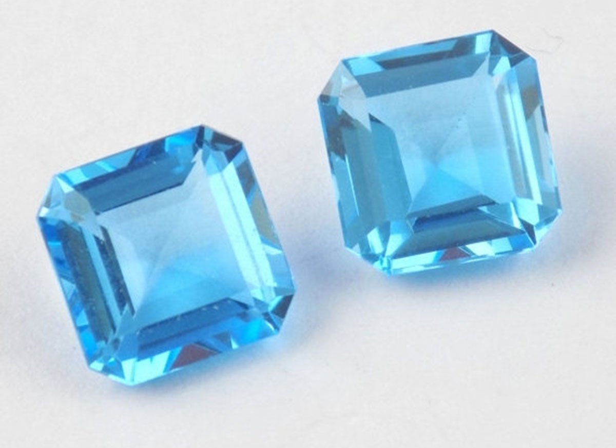 2 Pieces Blue Topaz Square 8x8mm 5.25Cts Faceted Handmade Jewelry Loose ...