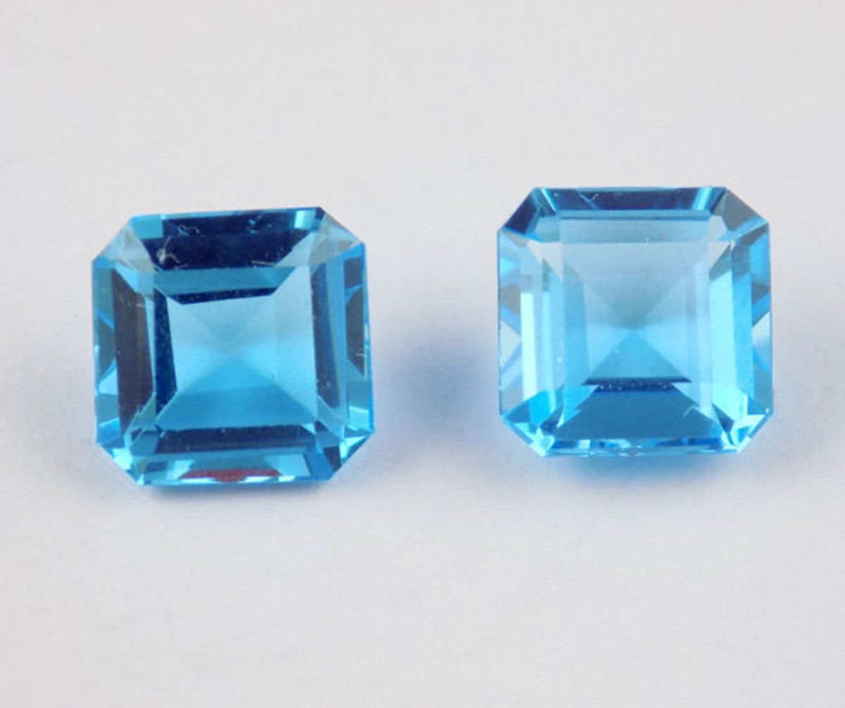 2 Pieces Blue Topaz Square 8x8mm 5.25Cts Faceted Handmade Jewelry Loose ...