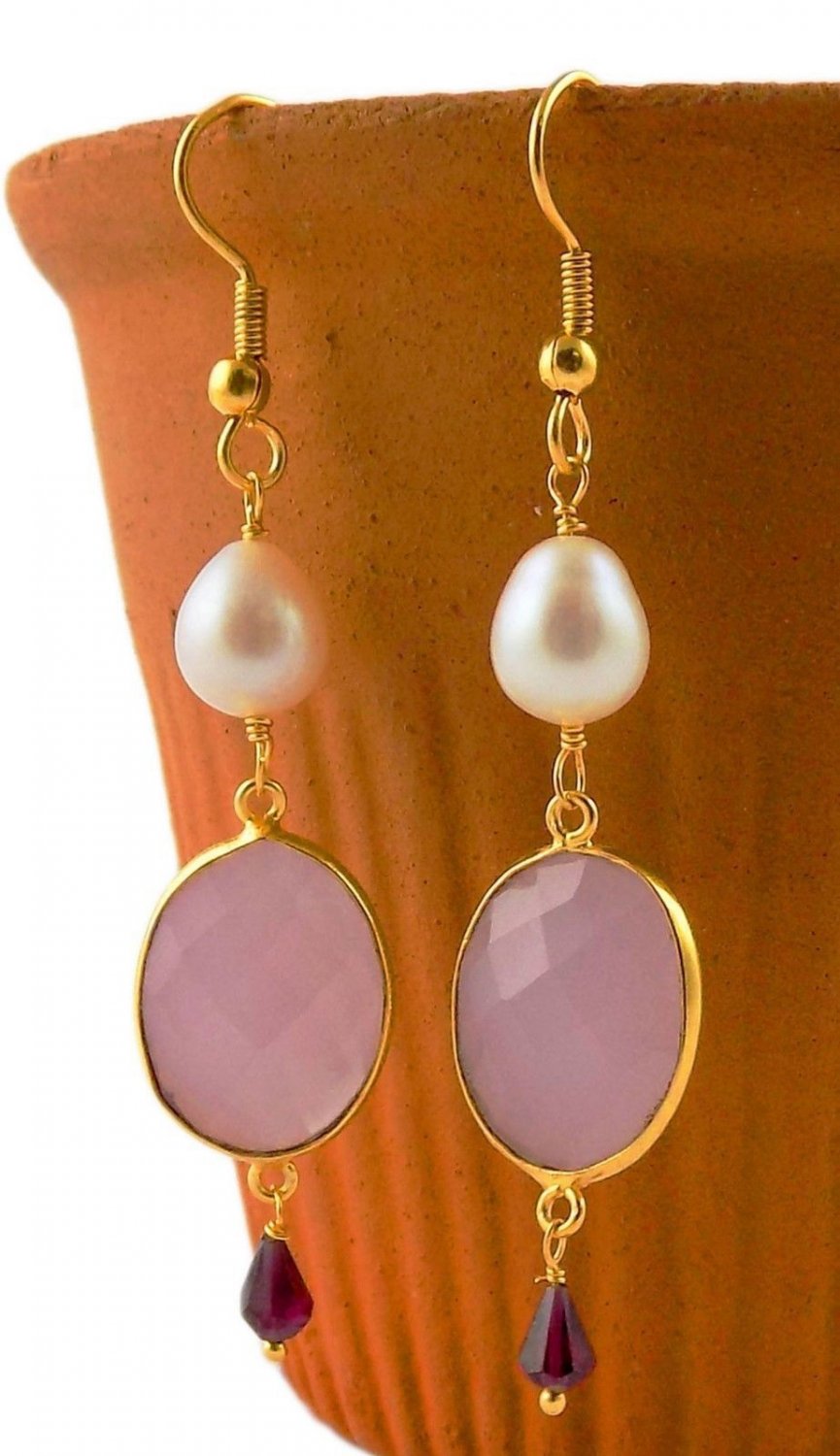 Nice 1 Pair Natural Rose Quartz With Pearl And Garnet Gemstone Dangling Earring