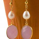 Nice 1 Pair Natural Rose Quartz With Pearl And Garnet Gemstone Dangling Earring