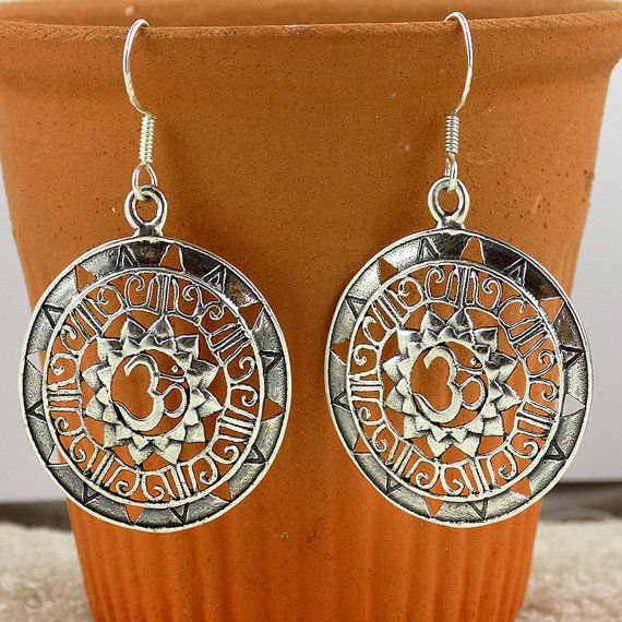 1 Pair 925 Sterling Silver Om Design Round Earrings Black Oxidize Earrings