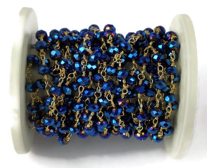 5 Ft Black Spinel Blue Coated Hydro Handmade Beads Chain 3-4mm 24k Gold Plated