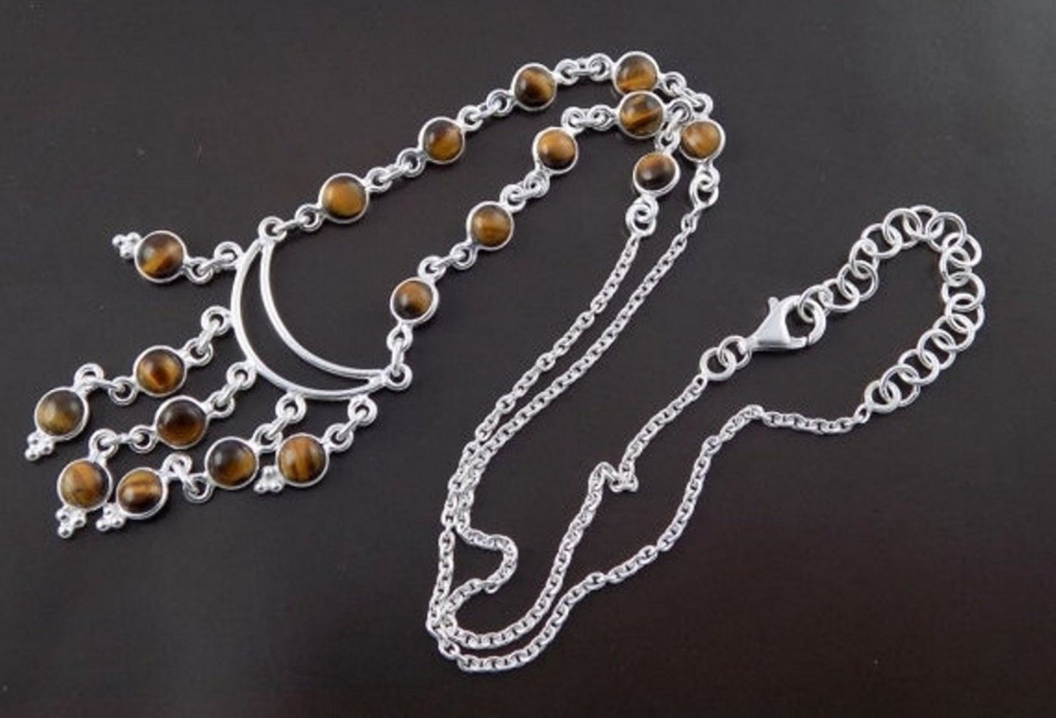 Natural Tiger Eye 5mm Round Cabochon 925 Sterling Silver Necklace With Claps