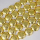 3 Strands 20mm Round Coin Design Copper 24k Gold Plated Drilled Beads Strand 7"