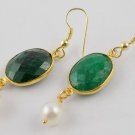 Lovely 1 Pair Emerald Corundum & Pearl Gemstone Hanging 24k Gold Plated Earring